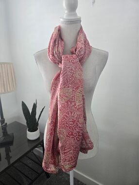100% Silk Scarf pinkish-red gold with an all-over intricate pattern of leaves an